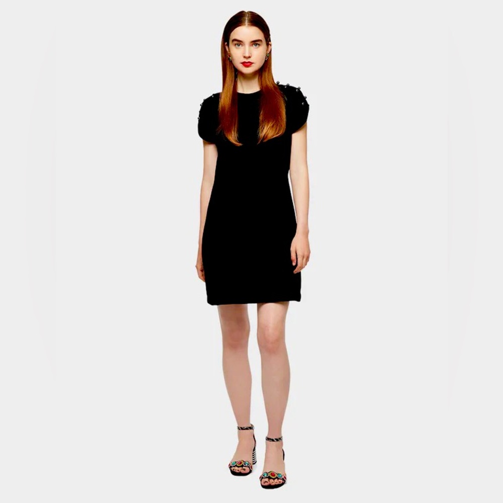 Ruched Pearl Sleeve Black Dress